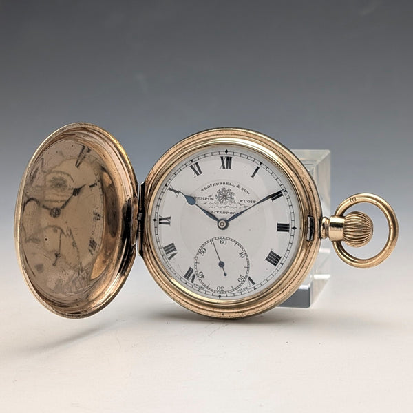 1910s British antique Russell pocket watch in gold-plated hunter case, in good working order