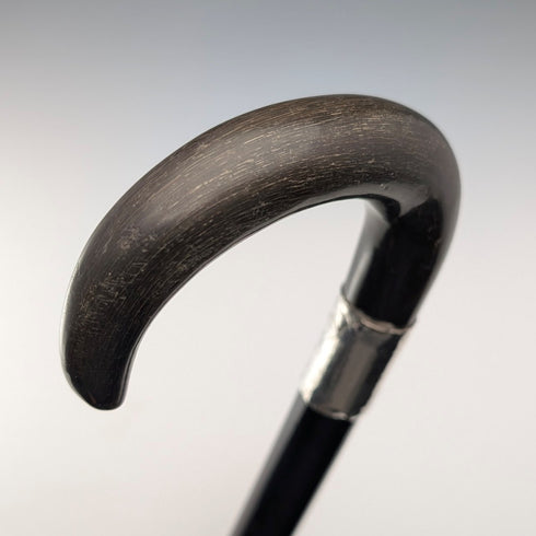 1902 British Antique Black Shaft Horn Handle Sterling Silver Decorated Walking Stick 90cm