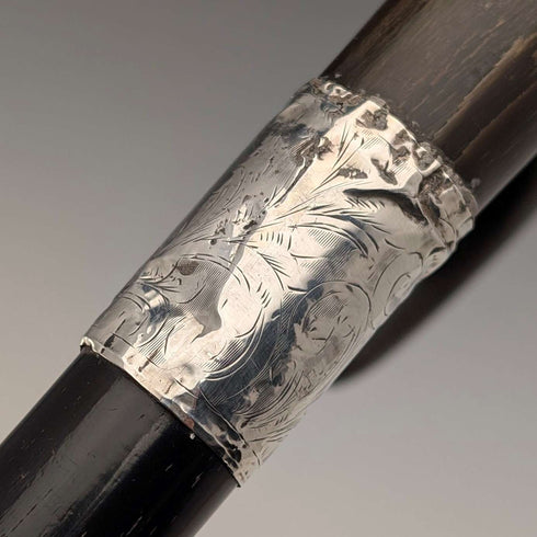 1902 British Antique Black Shaft Horn Handle Sterling Silver Decorated Walking Stick 90cm