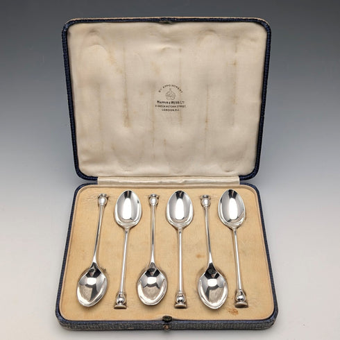 1932 British Vintage Sterling Silver Teaspoons, Set of 6, 88g, Mappin & Webb, in Case