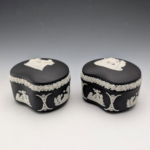 Vintage British Wedgwood Black Jasper Bean-Shaped Box Pair