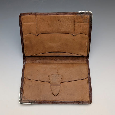 1908 British Antique Sterling Silver Brown Leather Bifold Wallet by Charles Penny Brown