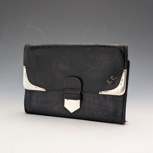 1933 British Vintage Sterling Silver Tri-fold Wallet in Black Leather by B&T