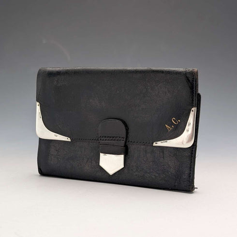 1933 British Vintage Sterling Silver Tri-fold Wallet in Black Leather by B&T