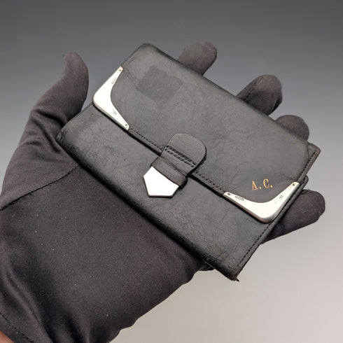 1933 British Vintage Sterling Silver Tri-fold Wallet in Black Leather by B&T