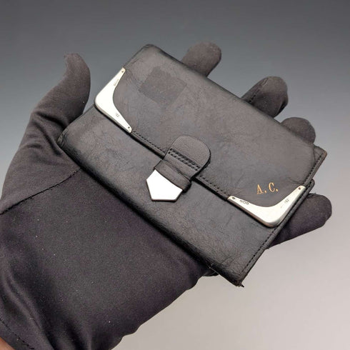 1933 British Vintage Sterling Silver Tri-fold Wallet in Black Leather by B&T