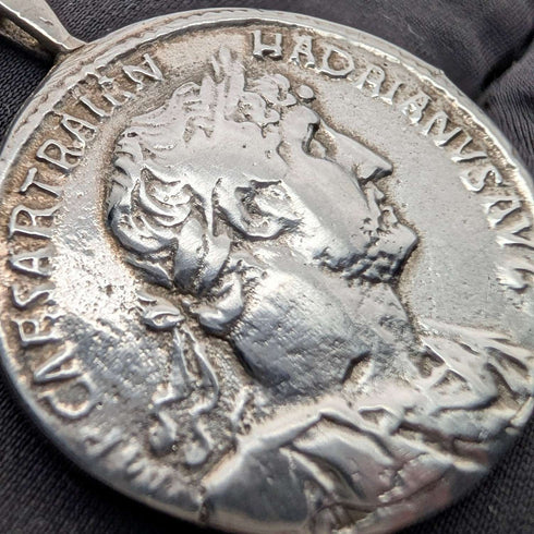 British Vintage Sterling Silver Ancient Roman Coin Replica Pendant with Sterling Silver Necklace, 28g Total