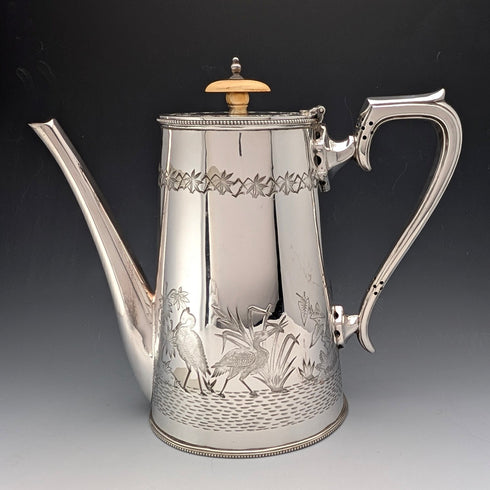 Circa 1903 British Antique Japonism Style Silver Plate Coffee Pot, Walker & Hall