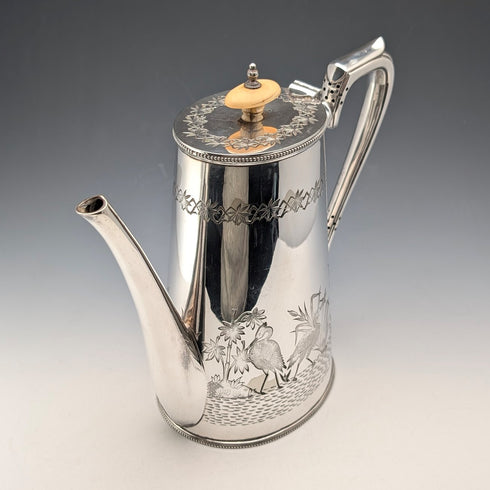 Circa 1903 British Antique Japonism Style Silver Plate Coffee Pot, Walker & Hall