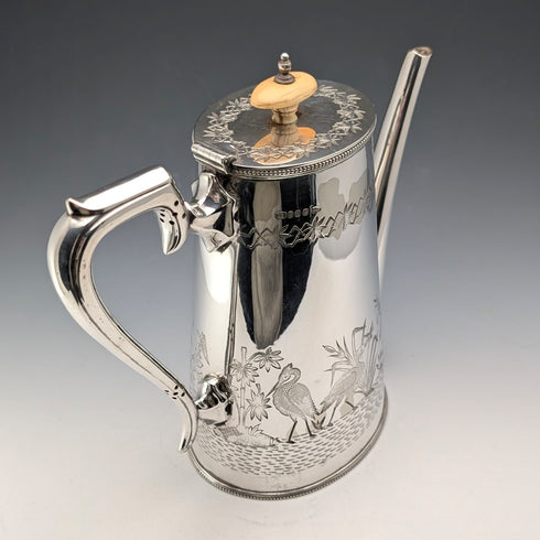 Circa 1903 British Antique Japonism Style Silver Plate Coffee Pot, Walker & Hall