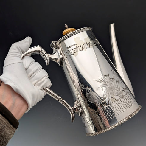 Circa 1903 British Antique Japonism Style Silver Plate Coffee Pot, Walker & Hall