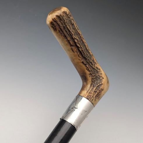 Antique black shaft, sterling silver embellishment, antler L-handle walking stick, 86cm