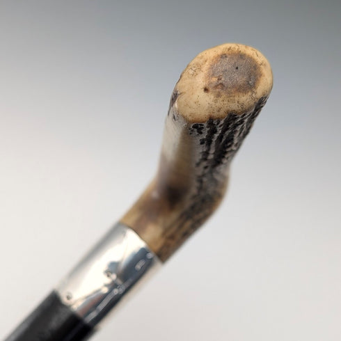 Antique black shaft, sterling silver embellishment, antler L-handle walking stick, 86cm