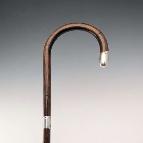 1919年 英国アンティーク ブラウンシャフト 曲がりハンドル 純銀装飾 軽量ステッキ 杖 91cm