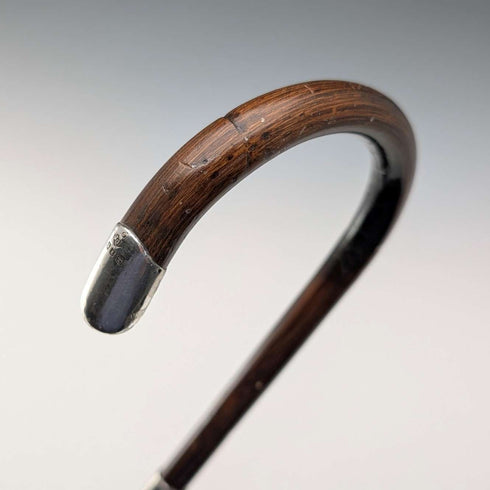 1919年 英国アンティーク ブラウンシャフト 曲がりハンドル 純銀装飾 軽量ステッキ 杖 91cm