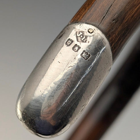 1919年 英国アンティーク ブラウンシャフト 曲がりハンドル 純銀装飾 軽量ステッキ 杖 91cm