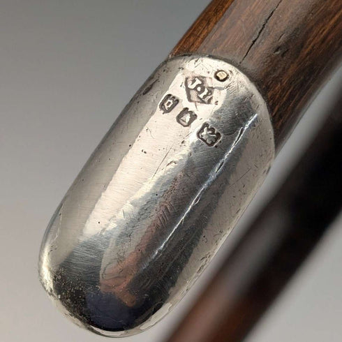 1919年 英国アンティーク ブラウンシャフト 曲がりハンドル 純銀装飾 軽量ステッキ 杖 91cm