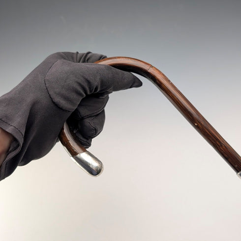 1919年 英国アンティーク ブラウンシャフト 曲がりハンドル 純銀装飾 軽量ステッキ 杖 91cm