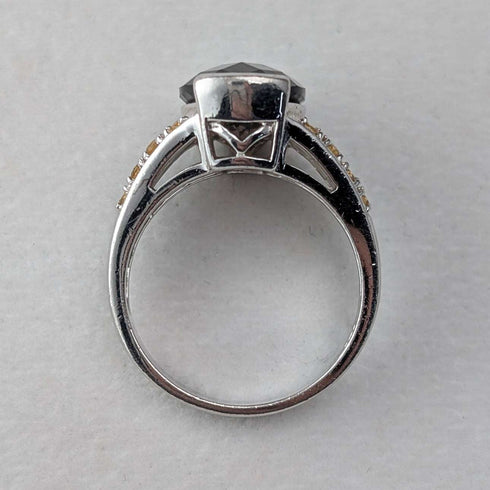 Vintage sterling silver smoky quartz and citrine enamel inlay ring (size 17)