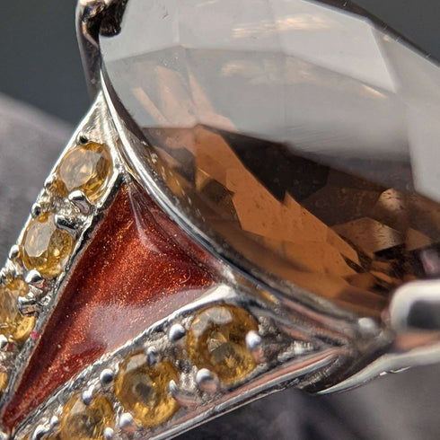 Vintage sterling silver smoky quartz and citrine enamel inlay ring (size 17)