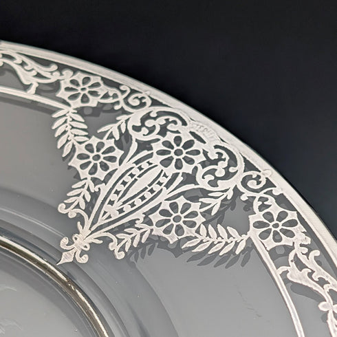 1930年代 米国ヴィンテージ シルバーオーバーレイ アール・ヌーヴォー装飾 ガラスプレートペア 直径21cm