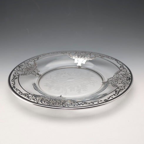 1930年代 米国ヴィンテージ シルバーオーバーレイ アール・ヌーヴォー装飾 ガラスプレートペア 直径21cm