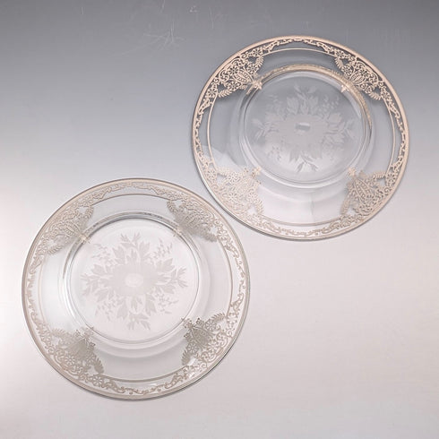 1930年代 米国ヴィンテージ シルバーオーバーレイ アール・ヌーヴォー装飾 ガラスプレートペア 直径21cm