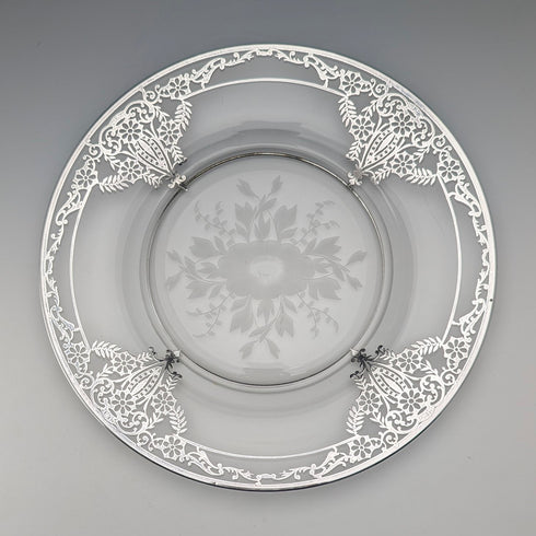 1930年代 米国ヴィンテージ シルバーオーバーレイ アール・ヌーヴォー装飾 ガラスプレートペア 直径21cm