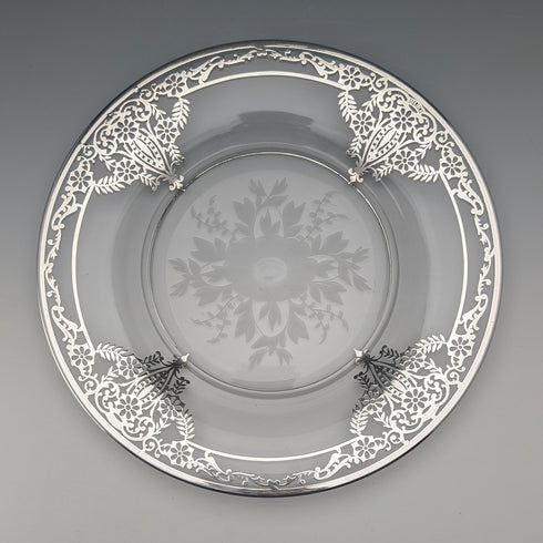 1930年代 米国ヴィンテージ シルバーオーバーレイ アール・ヌーヴォー装飾 ガラスプレートペア 直径21cm