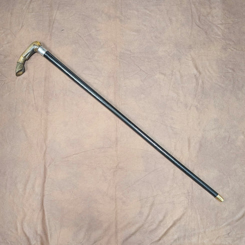 1899 British Antique Sterling Silver L-Handle Horn-Handled Walking Stick, 83cm
