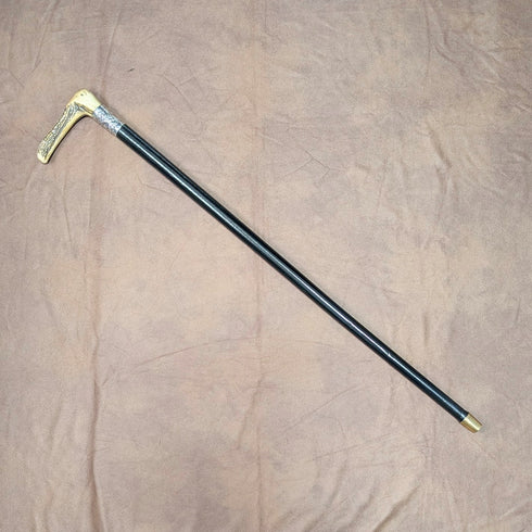 1911年英國古董黑軸純銀鹿角L型手柄手杖,77厘米