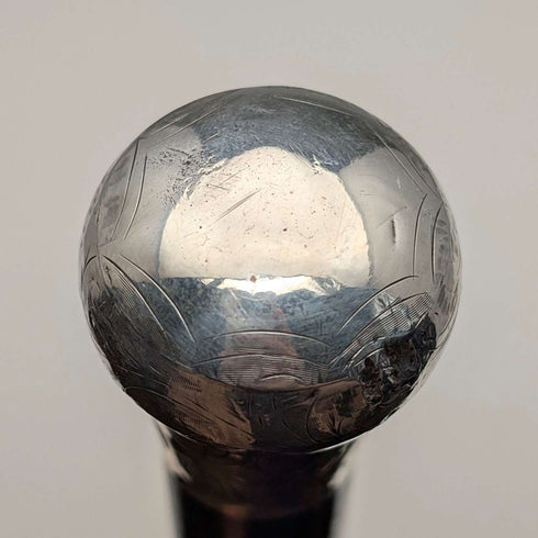 1919 British Antique Black Shaft Sterling Silver Carved Rondelle Handle Walking Stick, 88cm