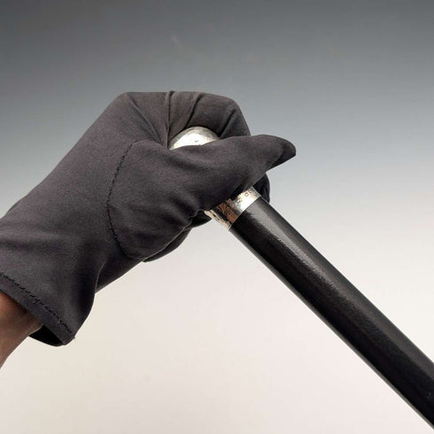 1919 British Antique Black Shaft Sterling Silver Carved Rondelle Handle Walking Stick, 88cm