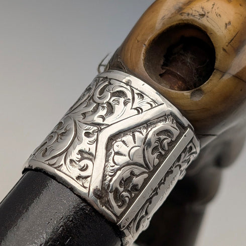 1899 British Antique Sterling Silver L-Handle Horn-Handled Walking Stick, 83cm