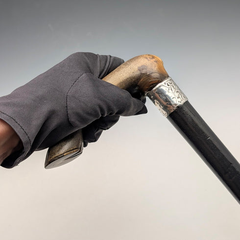 1899 British Antique Sterling Silver L-Handle Horn-Handled Walking Stick, 83cm