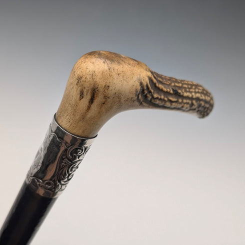 1911年英國古董黑軸純銀鹿角L型手柄手杖,77厘米