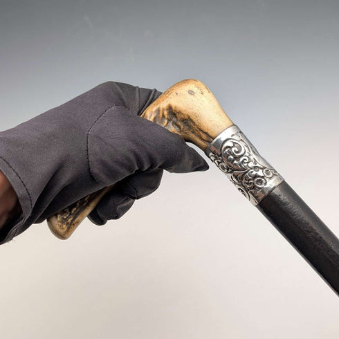 1911年 英国アンティーク ブラックシャフト 純銀装飾 アントラーL字ハンドル ステッキ 杖 77cm