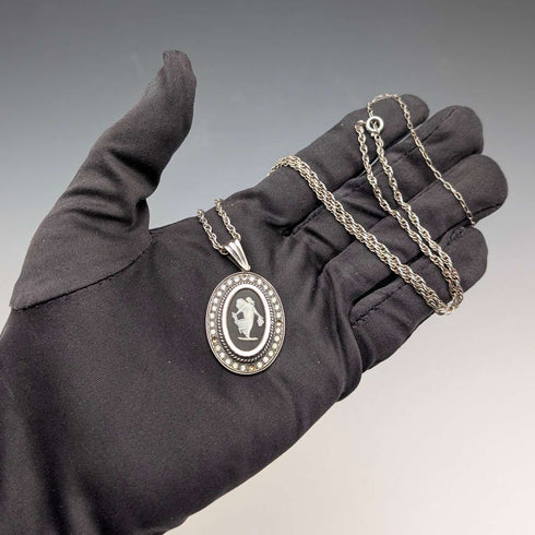British Vintage Wedgwood Sterling Silver and Black Jasper Pendant with Sterling Silver Chain