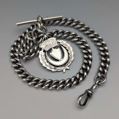 Circa 1922 British Antique Sterling Silver Albert Chain, 60g, Semi-Silver Medal Fob