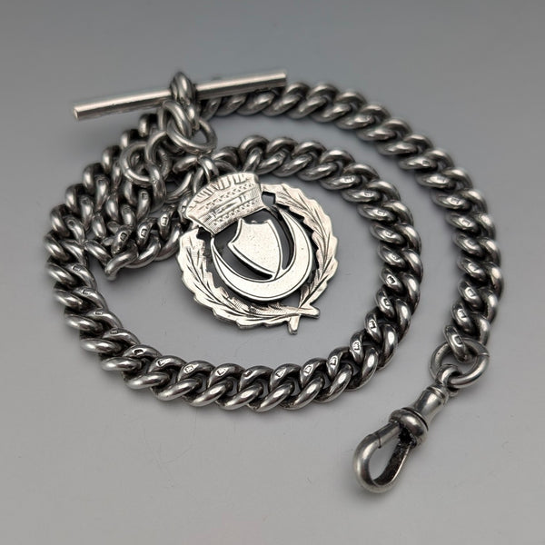 1922年頃 英国アンティーク 純銀製アルバートチェーン 60g 準銀メダルフォブ