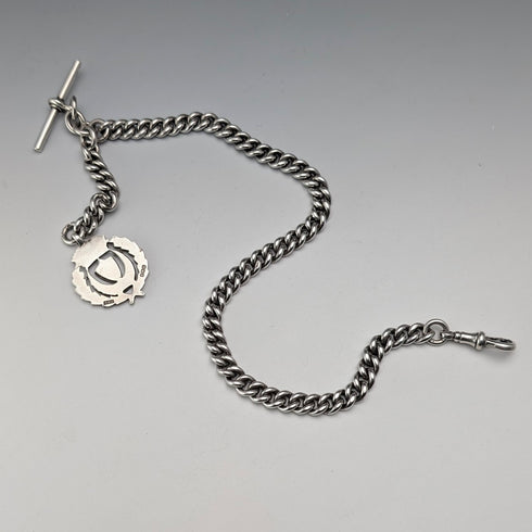 Circa 1922 British Antique Sterling Silver Albert Chain, 60g, Semi-Silver Medal Fob