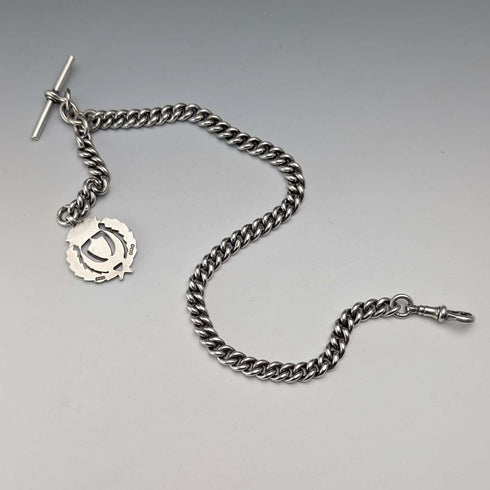 Circa 1922 British Antique Sterling Silver Albert Chain, 60g, Semi-Silver Medal Fob