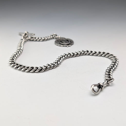 Circa 1922 British Antique Sterling Silver Albert Chain, 60g, Semi-Silver Medal Fob