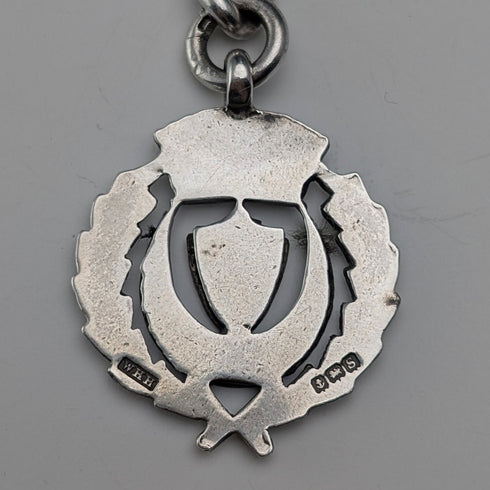 Circa 1922 British Antique Sterling Silver Albert Chain, 60g, Semi-Silver Medal Fob