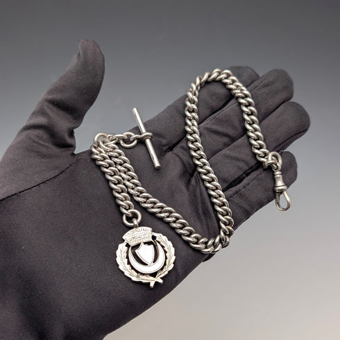 Circa 1922 British Antique Sterling Silver Albert Chain, 60g, Semi-Silver Medal Fob