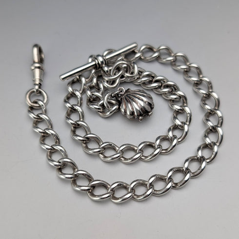 Circa 1897 British Antique Sterling Silver Albert Chain, 46g, Mother of Pearl Charm Fob