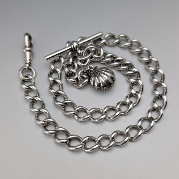 1897年頃 英国アンティーク 純銀製アルバートチェーン 46g 真珠貝チャームフォブ