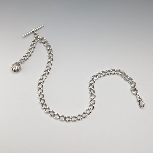 Circa 1897 British Antique Sterling Silver Albert Chain, 46g, Mother of Pearl Charm Fob