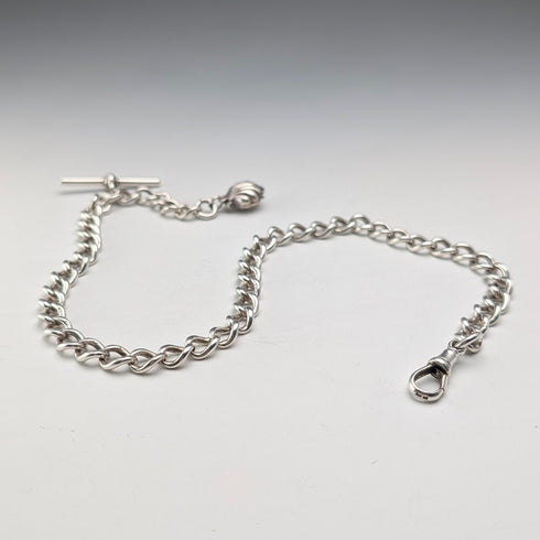 Circa 1897 British Antique Sterling Silver Albert Chain, 46g, Mother of Pearl Charm Fob