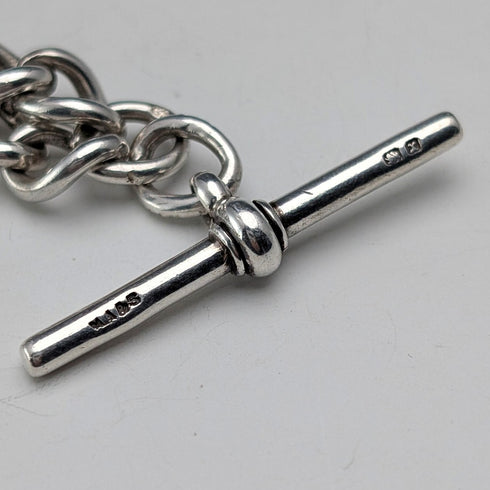 Circa 1897 British Antique Sterling Silver Albert Chain, 46g, Mother of Pearl Charm Fob